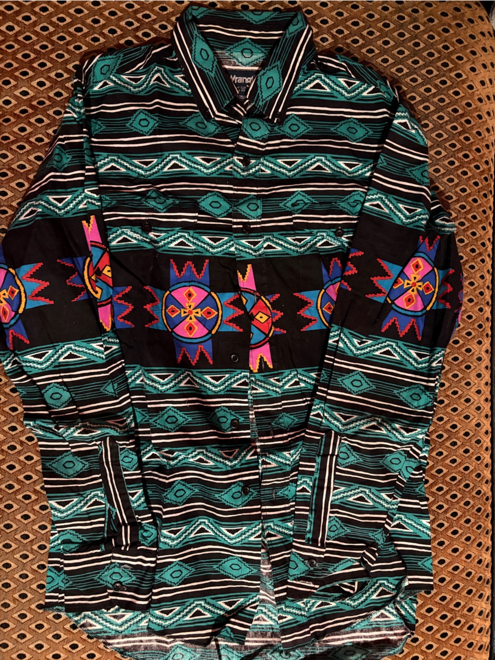 Wrangler Teal, Black & Multicolor Aztec Print Button-Down Shirt